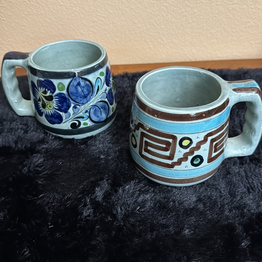 Tonala Pottery Oversized Mugs Geometric & Floral Patterns Set Of 2